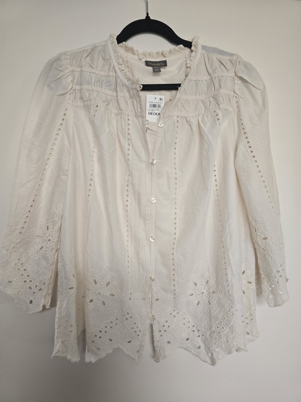 Style & Co. Cream Eyelet Button-Up Peasant Blouse